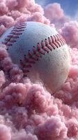Baseball surrounded by fluffy pink clouds creates a unique and imaginative artistic scene during a dreamy atmosphere photo