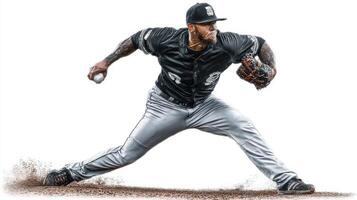 Baseball player pitches intensely during a game with focus and determination on the field in a competitive atmosphere photo