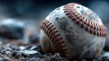 Old and weathered baseball resting on dusty ground under natural light during afternoon photo