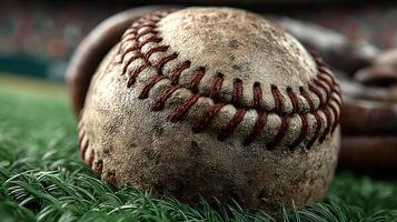 Baseball resting on green grass beside a worn glove at a baseball field during a sunny afternoon photo