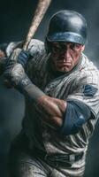 Intense baseball player preparing to swing at a pitch during a night game photo