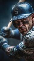 Intense baseball player preparing to swing bat during night game under stadium lights photo