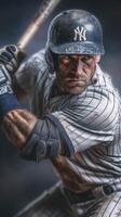 Professional baseball player prepares for a powerful swing while wearing a traditional pinstripe uniform at an evening game photo