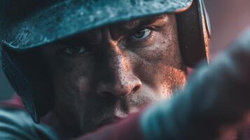 Intense baseball player focuses on the game during a dramatic evening match in a stadium setting photo