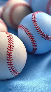 Colorful baseballs resting on a blue surface ready for play in a warm daytime setting photo
