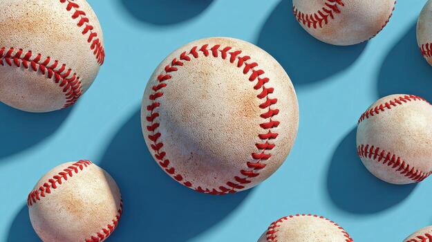 Collection of baseballs scattered across a bright blue background with shadows highlighting their texture and stitching details photo