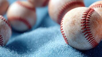 Baseballs scattered on a sandy surface, capturing the essence of a sunny day at the ballpark photo