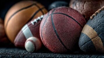 Variety of sports balls displayed together in a creative arrangement on a dark background photo