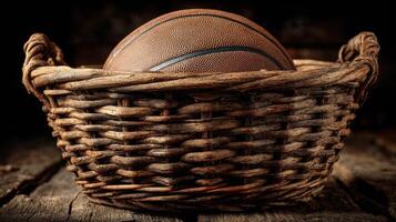 Basketball resting in a rustic woven basket on a wooden surface in a dimly lit setting during evening hours photo