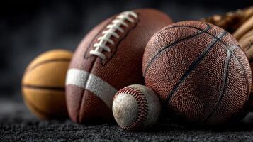 Collection of various sports balls including football, basketball, baseball, and others displayed on a dark surface photo