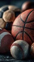 Various types of sports balls stacked together on a dark background in a cozy setting photo