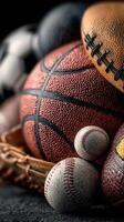 Various sports balls including basketball, baseball, and football arranged artistically against a dark background photo