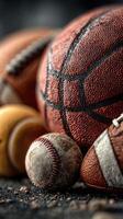 Variety of sports balls arranged on a textured surface showcasing different types of athletic gear used in games photo