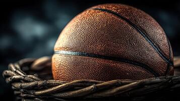Basketball resting in a woven basket highlighting texture and detail in soft lighting photo