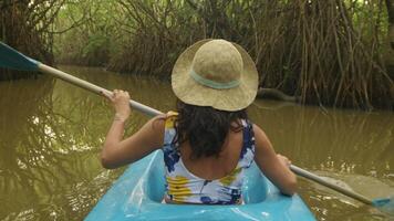 Back view woman sit in double blue kayak. Couple kayaks on calm waters of Tangalle Lagoon in southern Sri Lanka, surrounded by lush mangroves and tropical nature. Kayaking Adventure in asia concept. video