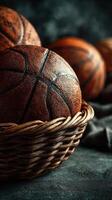 Basketballs resting in a rustic basket on a textured surface in low light creating a warm atmosphere photo
