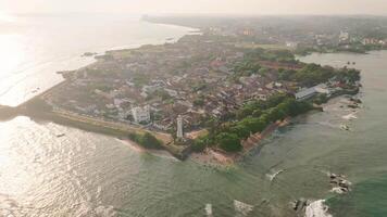 Aerial panoramic view of Meeran Mosque and Galle Fort in Sri Lanka, showing coastal heritage, white architecture, islamic colonial architecture buildings. Unesco world heritage site. video