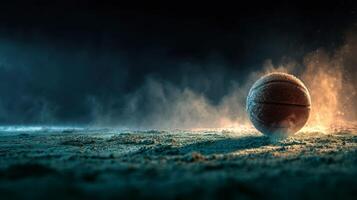 Dramatic basketball resting on a sandy court with smoke and light effects during an evening practice session photo