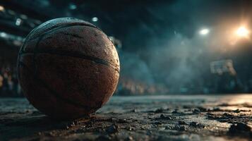 Basketball resting on gym floor during evening game with focused crowd in background photo