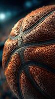 Close-up view of a basketball with textured surface and water droplets during a game at a sports arena photo