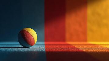 Brightly colored ball resting on textured surface with vibrant light and shadows in indoor setting photo