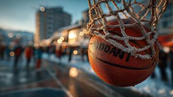 Basketball net catches a ball during a winter game at an outdoor court with buildings in the background at sunset photo