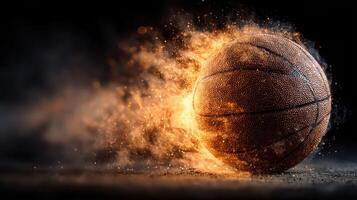 Explosive basketball in motion creates a fiery display of energy and excitement during a dynamic sports event photo