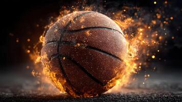 Basketball ignites with flames during a dynamic sports moment in a dark arena setting photo