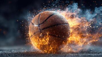 Basketball in motion with flames and sparks during dynamic play at an indoor arena showcased in low light photo