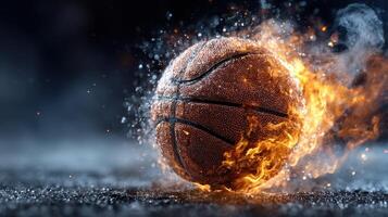 Basketball ignites with flames during intense competition in a dynamic sports arena photo