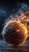 Basketball engulfed in flames with smoke and sparks during dramatic sports event at night photo
