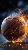 Basketball in motion with sparks and flames, showcasing energy and excitement during a game photo