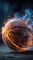 Basketball engulfed in flames with sparks during a dynamic game atmosphere at night photo