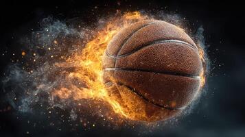 Basketball engulfed in flames during an intense sport-themed moment with dynamic visual effects photo