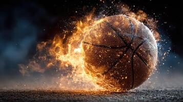 Basketball ignites with flames during dynamic sport action display in a vibrant arena setting photo