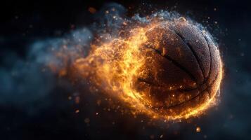 Basketball ignites with flames in a dynamic motion display creating an exhilarating effect photo