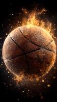 Basketball spinning with flames against a dark background creating an intense, dynamic visual effect photo