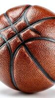 Detailed close-up of a basketball showcasing its textured surface and classic design photo