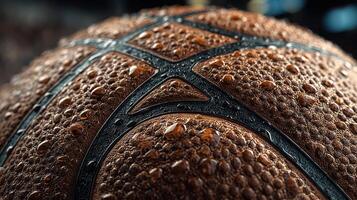 Close-up of a wet basketball showing intricate texture and detail in a gym setting during an intense game photo