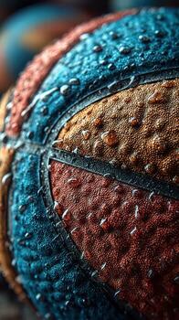 Close-up view of a textured basketball soaked in water highlighting vibrant colors and unique design details photo
