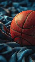 Basketball resting on textured fabric with dramatic lighting and vivid colors showcasing the iconic sporting equipment photo