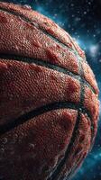 Close-up of a basketball with water droplets highlighting its texture and details in a vibrant background photo