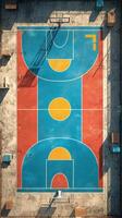 Vibrant basketball court with colorful markings designed for play in a sunny atmosphere photo