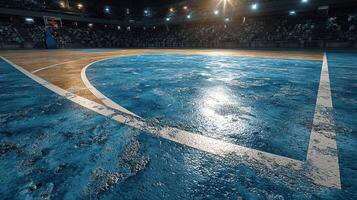 Basketball court with a reflective blue floor during a lively sports event in a packed arena at night photo