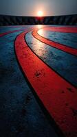 Colorful track lines leading to a sunset at a sports field during golden hour photo