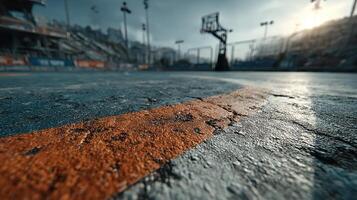 Basketball court at sunset with focus on textured ground and distant hoop photo