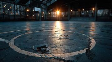 Basketball court illuminated by sunset in an urban setting with a reflective surface photo