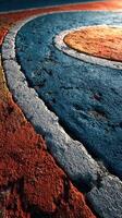 Colorful track markings create an abstract pattern during golden hour light on a sports field photo