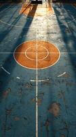 Urban basketball court at sunset showcasing worn-out blue paint and orange markings with long shadows photo