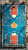 Weathered basketball court under bright sun, highlighting faded colors and worn surface, inviting playful games photo